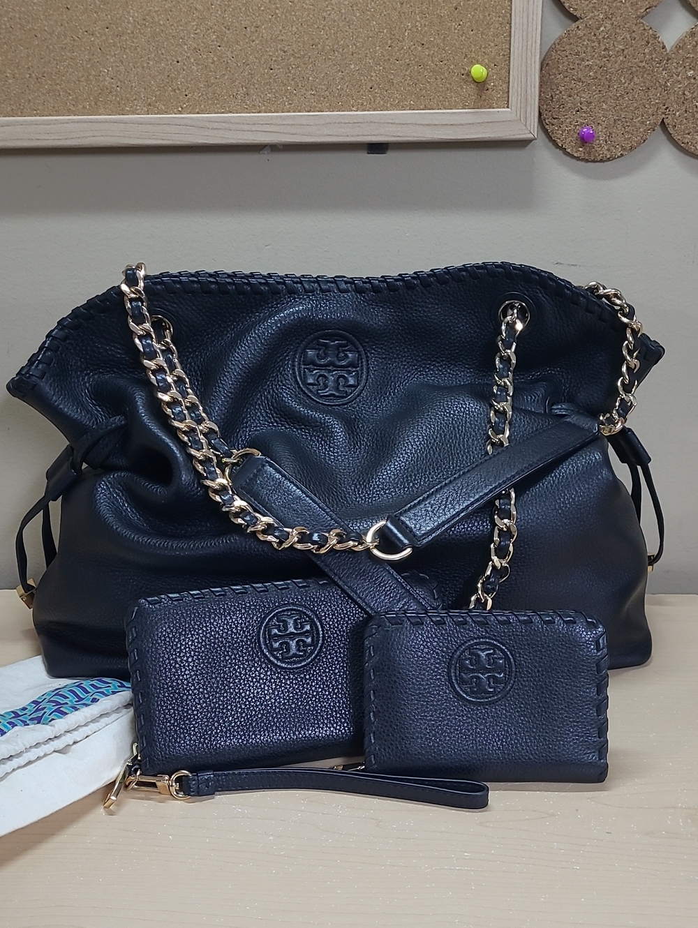 Tory Burch Marion•Large Tote Bag•Wristlet Wallet•Key Holder Black Leather Bundle